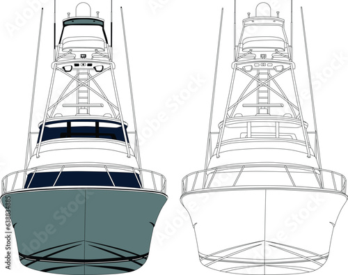 Front view fishing boat vector  line art illustration.