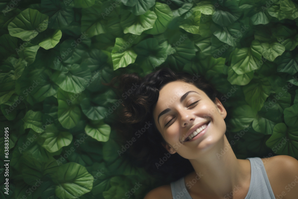 A young woman lying on green leaves in a forest smiles and enjoys being in touch with nature, avoiding the stress and noise of the city. Mother Earth A young woman lying on green leaves in a forest smiles and enjoys being in touch with nature, avoiding the stress and noise of the city. Mother Earth