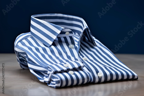 A blue striped folded shirt suitable for a suit. Appropriate outfit concept for work and business.