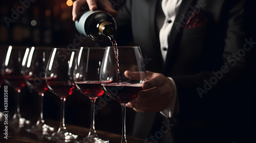 Close up male sommelier pouring and tasting a flavor and checking red wine quality poured in transparent glass in a wine cellar or restaurant