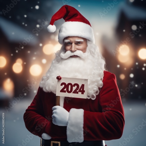 Santa Claus holding a poster with text "2024". Christmas and New Years 2024 background © Roman