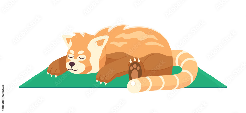 Sleeping red panda semi flat color vector character. Japanese bear. Relaxing on blanket. Editable full body animal on white. Simple cartoon spot illustration for web graphic design