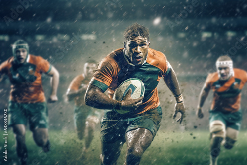 Rugby sportsman players with ball in action on stadium under lights. Emotional team under rain, splash drops.