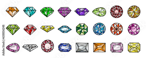 Set of colorful Doodle hand drawn gems and jewelry elements. Isolated elements - Diamonds, brilliants, crystals and gems on white background, vector illustration