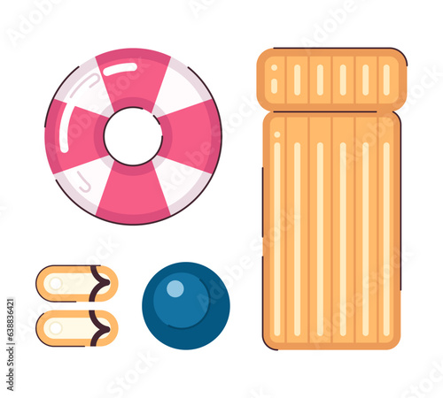 Pool set flat concept vector spot illustration. Summer sandals, ball, lifebelt and inflatable mattress 2D cartoon objects on white for web UI design. Isolated editable creative image