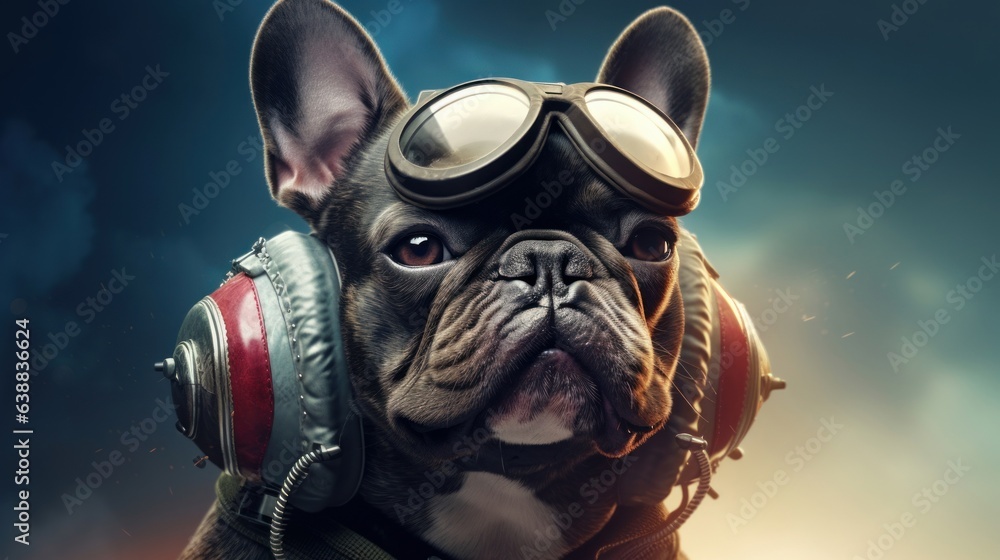 french bulldog dog wearing pilot helmet and goggles with smoke