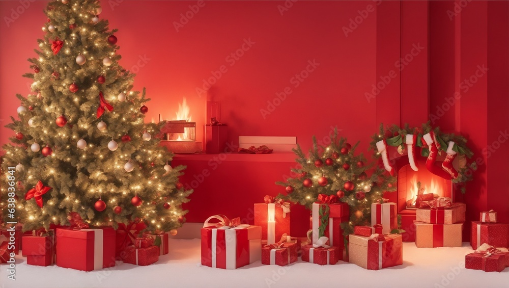 christmas tree and gifts with red background