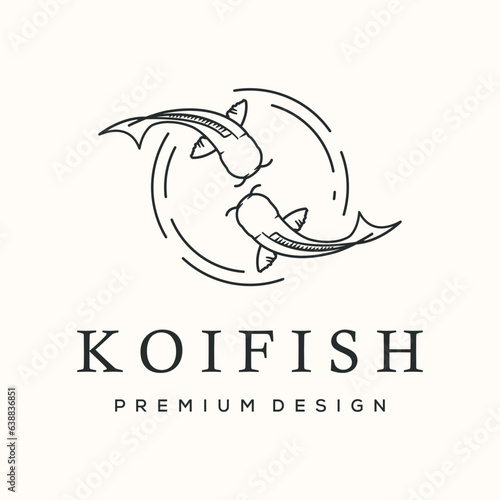 koi fish twin line art logo vector minimalist illustration design, koi swim fish symbol design