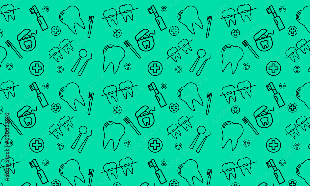 Dentist seamless pattern with thin line icons: dental instruments, caries under magnifier, orthodontics, tooth extraction, veneers, tooth whitening, implant, braces, calculus. Vector illustration. Dentist seamless pattern with thin line icons: dental instruments, caries under magnifier, orthodontics, tooth extraction, veneers, tooth whitening, implant, braces, calculus. Vector illustration.