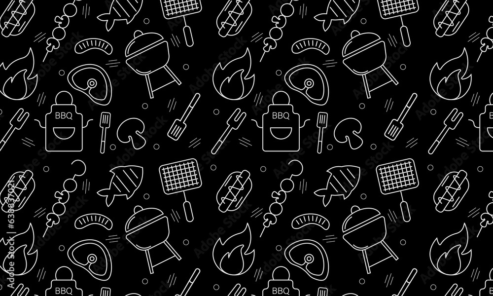 Seamless pattern with BBQ icons set. Vector illustration with summer barbecue elements collection.	