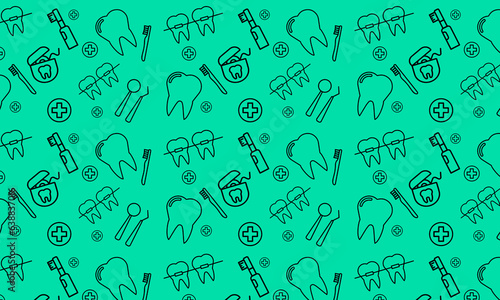 Dentist seamless pattern with thin line icons: dental instruments, caries under magnifier, orthodontics, tooth extraction, veneers, tooth whitening, implant, braces, calculus. Vector illustration.