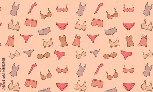 seamless pattern with women's underwear, icons of bras, panties, shirts. 