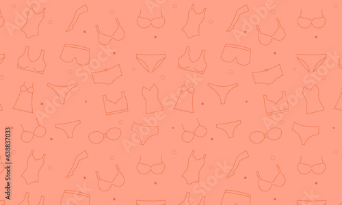 Lingerie woman underwear seamless pattern background. Outline illustration. Bras and panties, feminine, Sexy corset,girly accessories.