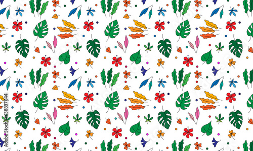minimalistic colorful seamless pattern with flowers and leaves.  For fashion fabrics, children’s clothing, T-shirts, postcards