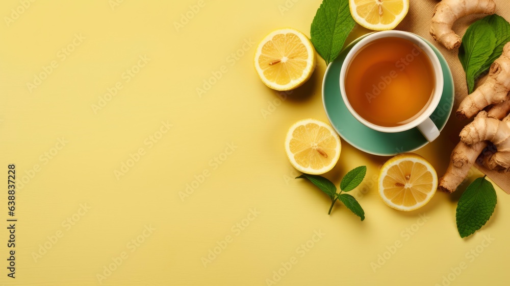 An herbal tea with ginger.Cup of ginger tea with lemon, honey and mint on beige background. Concept alternative medicine, natural homemade remedy for cold and flu. Top view. Free space for your text An herbal tea with ginger.Cup of ginger tea with lemon, honey and mint on beige background. Concept alternative medicine, natural homemade remedy for cold and flu. Top view. Free space for your text