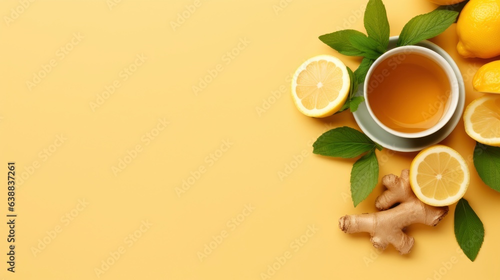 An herbal tea with ginger.Cup of ginger tea with lemon, honey and mint on beige background. Concept alternative medicine, natural homemade remedy for cold and flu. Top view. Free space for your text An herbal tea with ginger.Cup of ginger tea with lemon, honey and mint on beige background. Concept alternative medicine, natural homemade remedy for cold and flu. Top view. Free space for your text