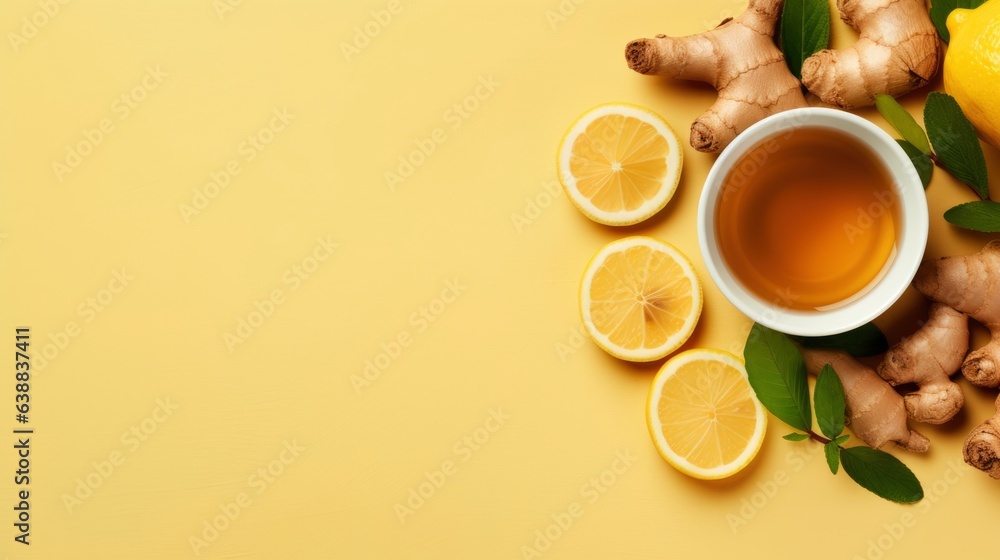 An herbal tea with ginger.Cup of ginger tea with lemon, honey and mint on beige background. Concept alternative medicine, natural homemade remedy for cold and flu. Top view. Free space for your text - obrazy, fototapety, plakaty 