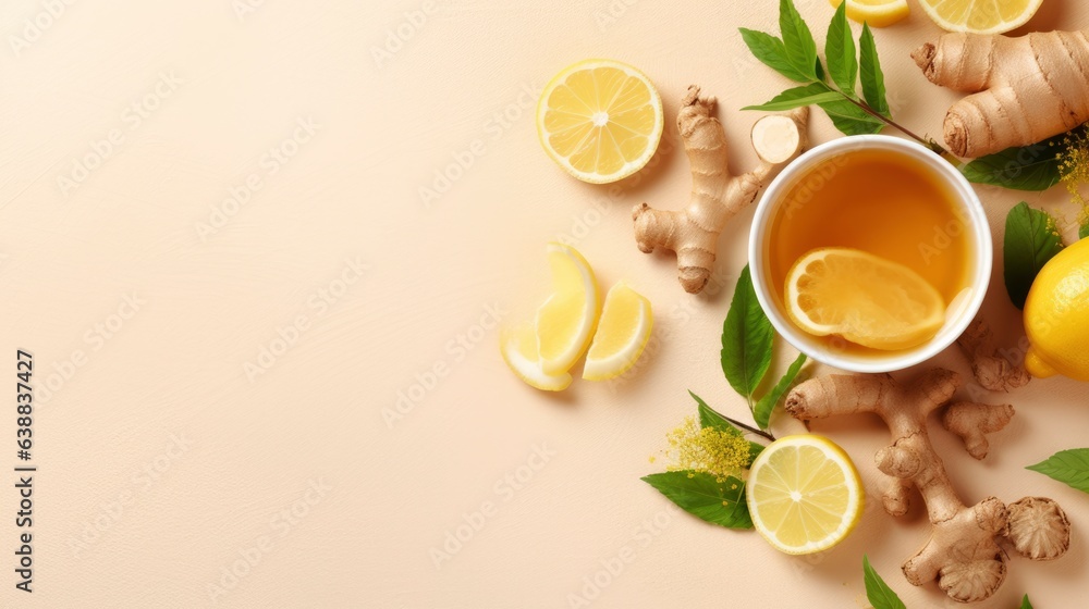 An herbal tea with ginger.Cup of ginger tea with lemon, honey and mint on beige background. Concept alternative medicine, natural homemade remedy for cold and flu. Top view. Free space for your text An herbal tea with ginger.Cup of ginger tea with lemon, honey and mint on beige background. Concept alternative medicine, natural homemade remedy for cold and flu. Top view. Free space for your text