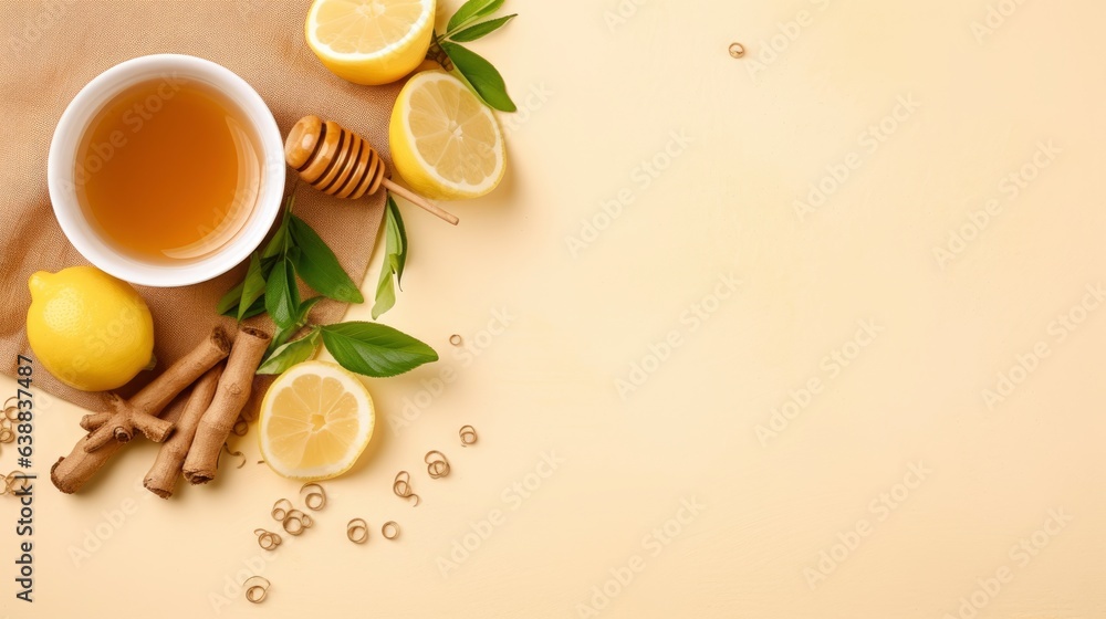 An herbal tea with ginger.Cup of ginger tea with lemon, honey and mint on beige background. Concept alternative medicine, natural homemade remedy for cold and flu. Top view. Free space for your text An herbal tea with ginger.Cup of ginger tea with lemon, honey and mint on beige background. Concept alternative medicine, natural homemade remedy for cold and flu. Top view. Free space for your text