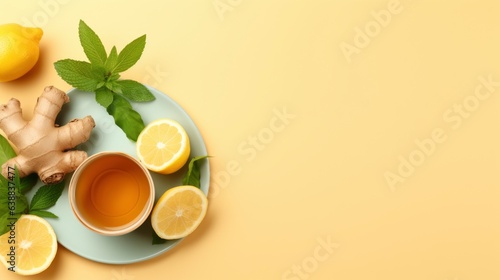 An herbal tea with ginger.Cup of ginger tea with lemon  honey and mint on beige background. Concept alternative medicine  natural homemade remedy for cold and flu. Top view. Free space for your text