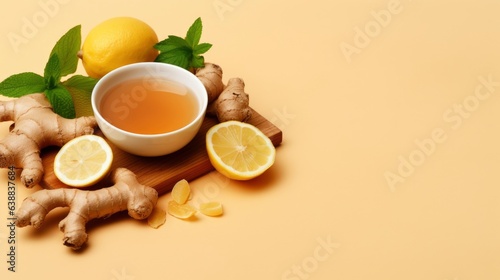 An herbal tea with ginger.Cup of ginger tea with lemon, honey and mint on beige background. Concept alternative medicine, natural homemade remedy for cold and flu. Top view. Free space for your text