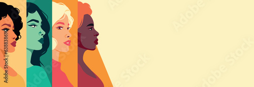 Vector flat banner for women's day, women of different cultures and nationalities. European and African appearance. Vector concept of movement for gender equality and empowerment of women