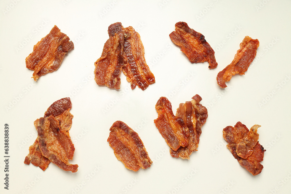 Tasty breakfast and delicious meat food concept - fried bacon Tasty breakfast and delicious meat food concept - fried bacon