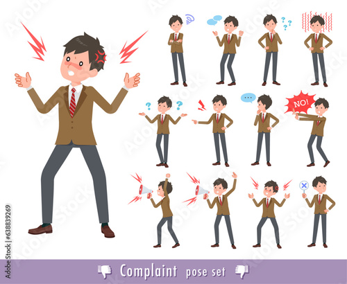 不満を表現しているブレザー男子学生のセット