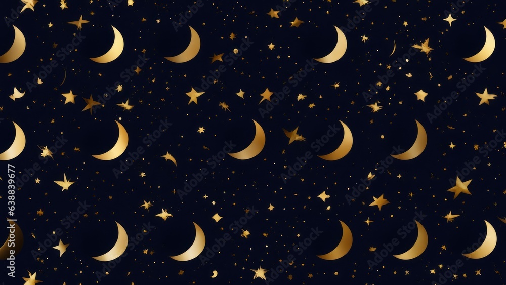 the night sky with gold foil crescent moon, stars and clouds the night sky with gold foil crescent moon, stars and clouds