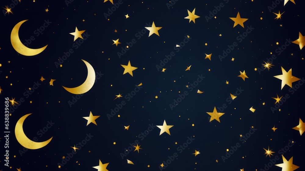 Naklejka premium the night sky with gold foil crescent moon, stars and clouds 