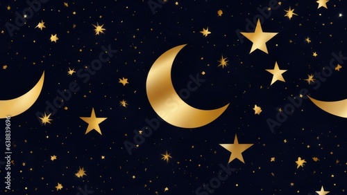 the night sky with gold foil crescent moon, stars and clouds 