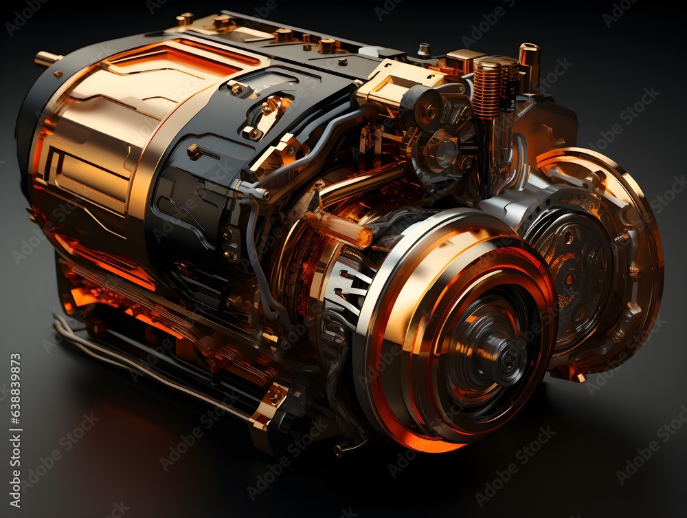 Electric motor with electronics and processors in golden colors. Electric motor with electronics and processors in golden colors.