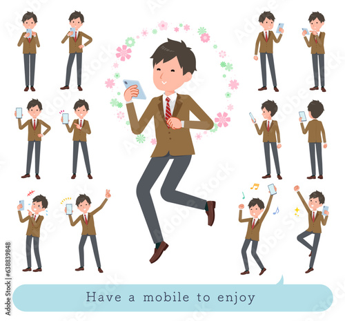 スマホを使って楽しむブレザー男子学生のセット