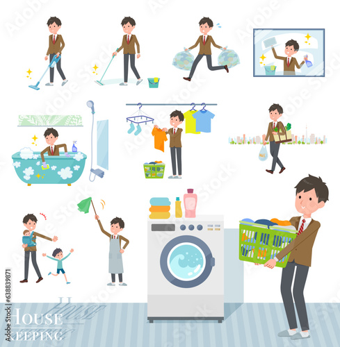 掃除や洗濯など家事に関するブレザー男子学生のセット