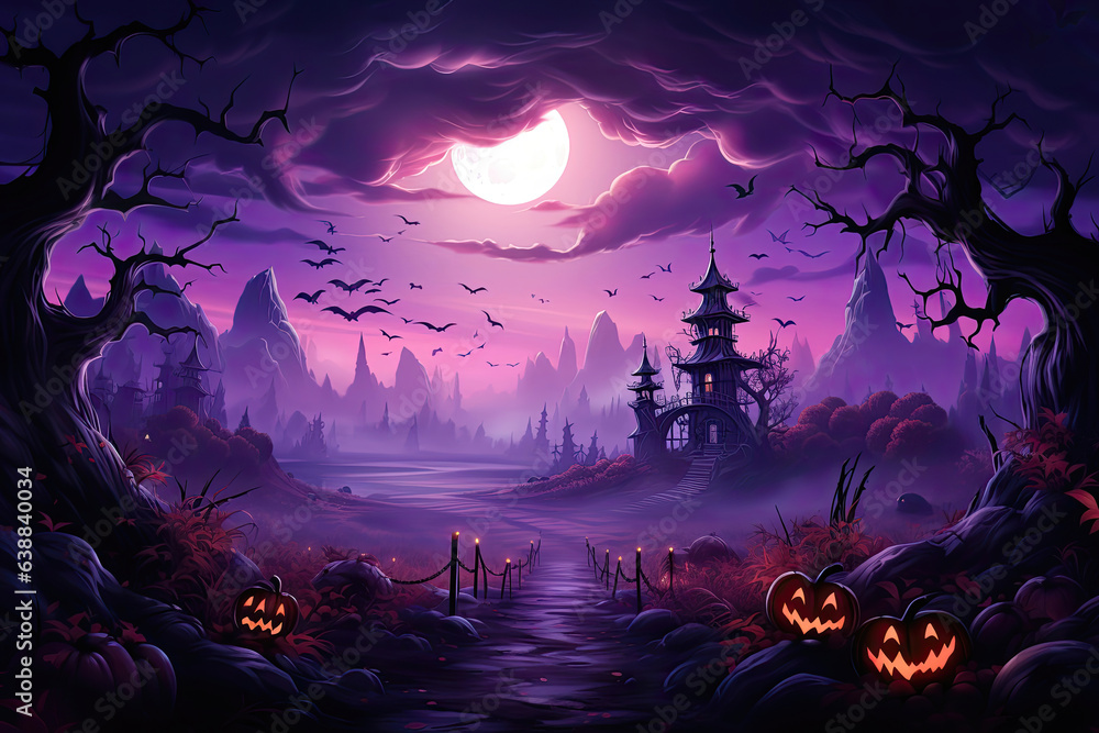 Halloween background with full moon, pumpkins, spooky forest and witch house