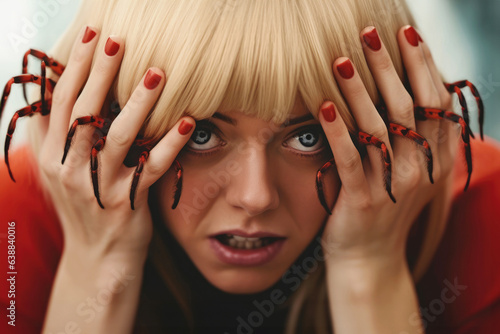 A terrified woman is gripped by panic and fear a nightmare. In her fingers, she holds the legs of a dreadful spider. Concept of fear, arachnophobia and phobia. Surreal and horrifying scene. Close-up