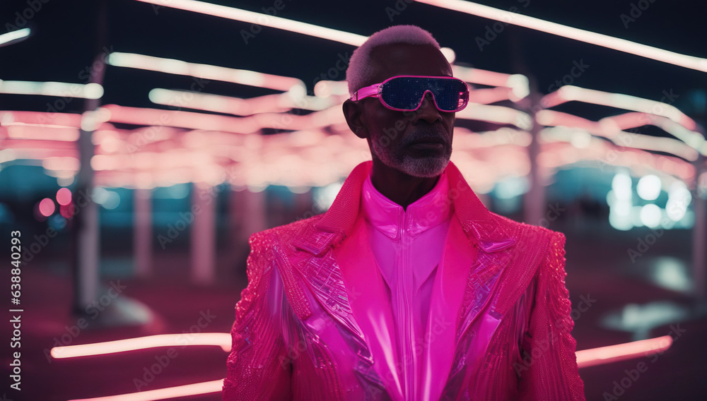 A high-fashion photo featuring an old male model in neon outfit avant-garde futuristic design. Blurred cyberpunk city as a background. A high-fashion photo featuring an old male model in neon outfit avant-garde futuristic design. Blurred cyberpunk city as a background.