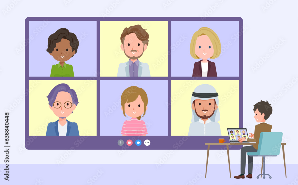 複数人でビデオチャットをしているブレザー男子学生のセット