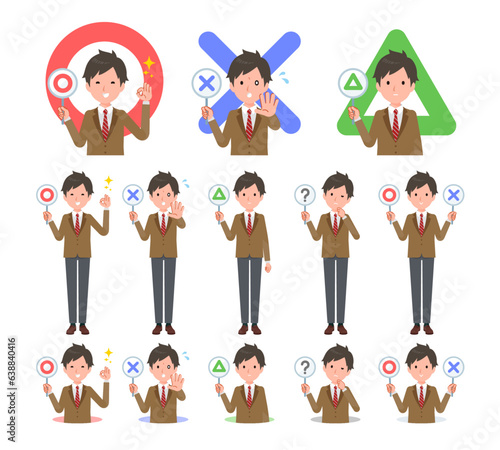 まるばつプレートを持ったブレザー男子学生のセット