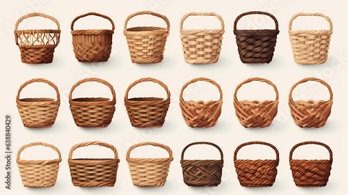 Wicker baskets, grocery wood Picnic baskets for lunch or dinner.Character Design Concept Art Book Illustration Video Game Digital Painting. CG Artwork Background. Generative AI. 