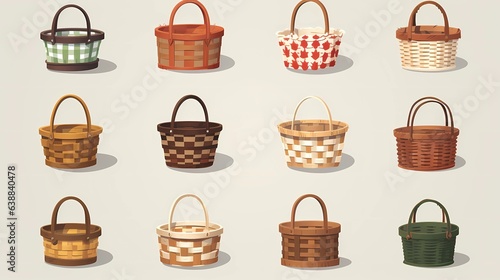 Wicker baskets, grocery wood Picnic baskets for lunch or dinner.Character Design Concept Art Book Illustration Video Game Digital Painting. CG Artwork Background. Generative AI. 