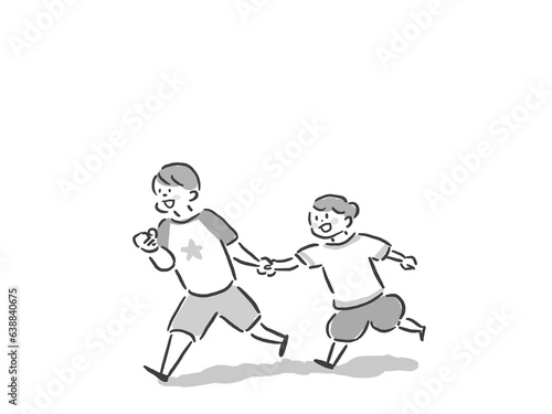 手を繋いで走る幼い子供、兄弟（モノクロ）