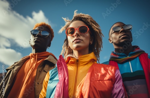 A group of people in brightly colored clothing against the blue sky