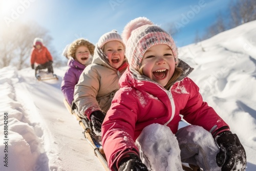 Happe Children sledding down a snowy hill. Winter vacation concept photo