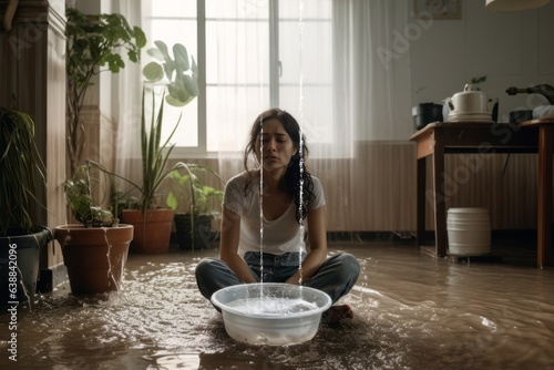 Obraz na płótnie woman collecting water leaking and dripping from the ceiling w salonie