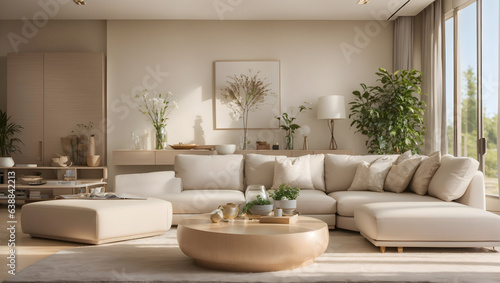 Beije modern living room with furniture, sofa, plant, window