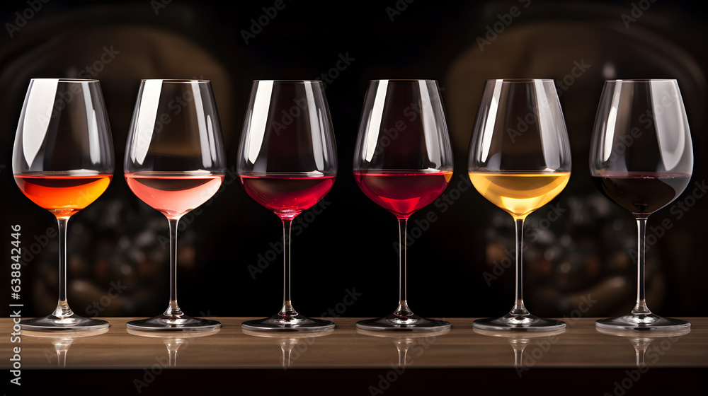 Row of glasses with red, white and rose wine prepared for degustation on wooden table.