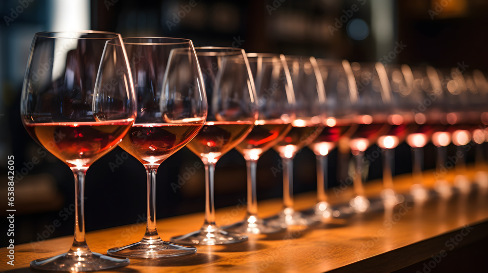 Row of glasses with red wine prepared for degustation on wooden table.