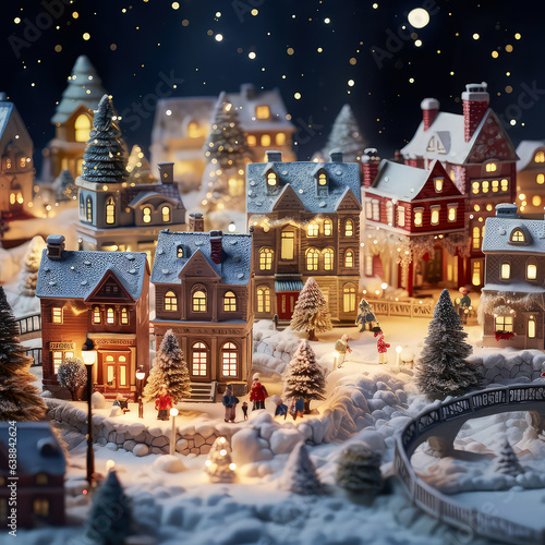 Christmas miniature scene of cozy town with festive buildings, lights,bokeh,toys decorations. Isometric view. New year, Xmas background.Winter magical card. Wanderland. Holidays template.Generative ai
