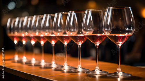 Row of glasses with red wine prepared for degustation on wooden table.